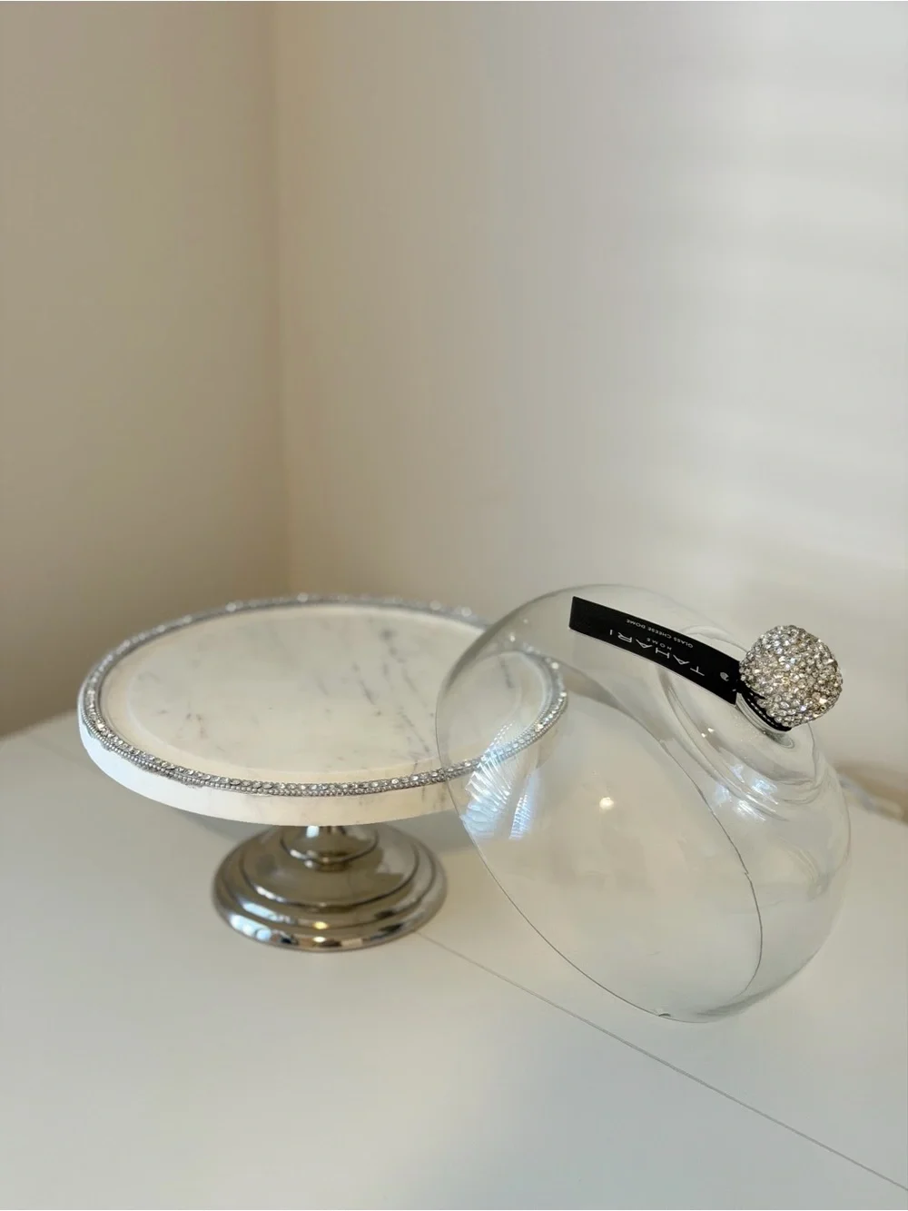 Tahari Home Glass Cheese Dome Cake Stand Marble Rhinestone Pedestal Server 10.5”